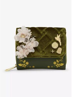 Loungefly Disney Tinker Bell Wallet Velvet Quilted Floral Zip And Snap Green New